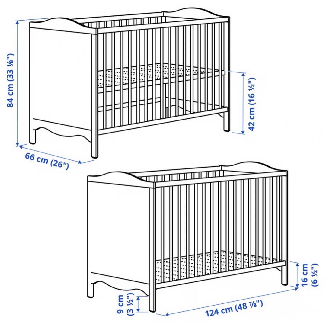 IKEA SMÅGÖRA CRIB (Category: Cots & Cribs) located in Manila. Submitted by nqueenieclaire (Listing ID 1457103010, Image 2). Description: FOR SALE — PRELOVED IKEA SMÅGÖRA Baby Crib in White 60 × 120 cm (23 5/8 × 47 1/4”) Condition: Good and still sturdy/usable. Has minimal scratches and a few small paint marks/chips from normal use. These are not very noticeable and can only really be seen when looking closely. Perfect for parents looking for a si