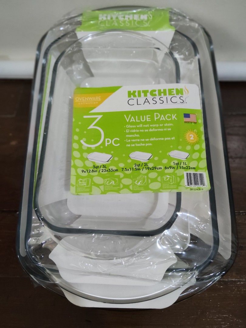 Kitchen Classics 3-Piece Glass Value Pack Baking Dishes (Category: Cookware & Accessories) located in Manila. Submitted by audrey03 (Listing ID 1457004074, Image 1). Description: - 3-piece value pack of Kitchen Classics glass baking dishes - Includes 3qt, 2qt, and 1qt sizes - Made of durable glass that won't warp or stain - Perfect for all your baking needs - Made in the USA - Great for everyday use in the kitchen.