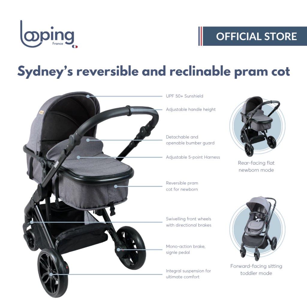 Looping Sydney Reversible & Reclinable Pram Cot (Category: Cots & Cribs) located in Manila. Submitted by konami_bjork (Listing ID 1457038856, Image 2). Description: - Looping Sydney Pram Cot - Reversible and reclinable seat - Ideal for newborns (flat mode) and toddlers (sitting mode) - UPF 50+ sunshield for sun protection - Adjustable handle height for parent comfort - Detachable and opens for easy access bumper guard - Secure 5-point harness - S
