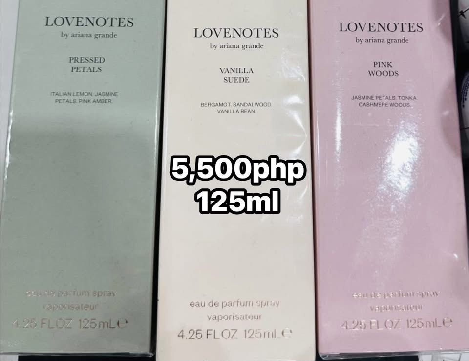 Lovenotes by Ariana Grande Perfume (Category: Fragrance & Deodorants) located in Cainta. Submitted by samthingsph (Listing ID 1445087478, Image 1). Description: 5,500 for each perfume Available: Pressed Petal Pink Woods Onhand & ready to ship.