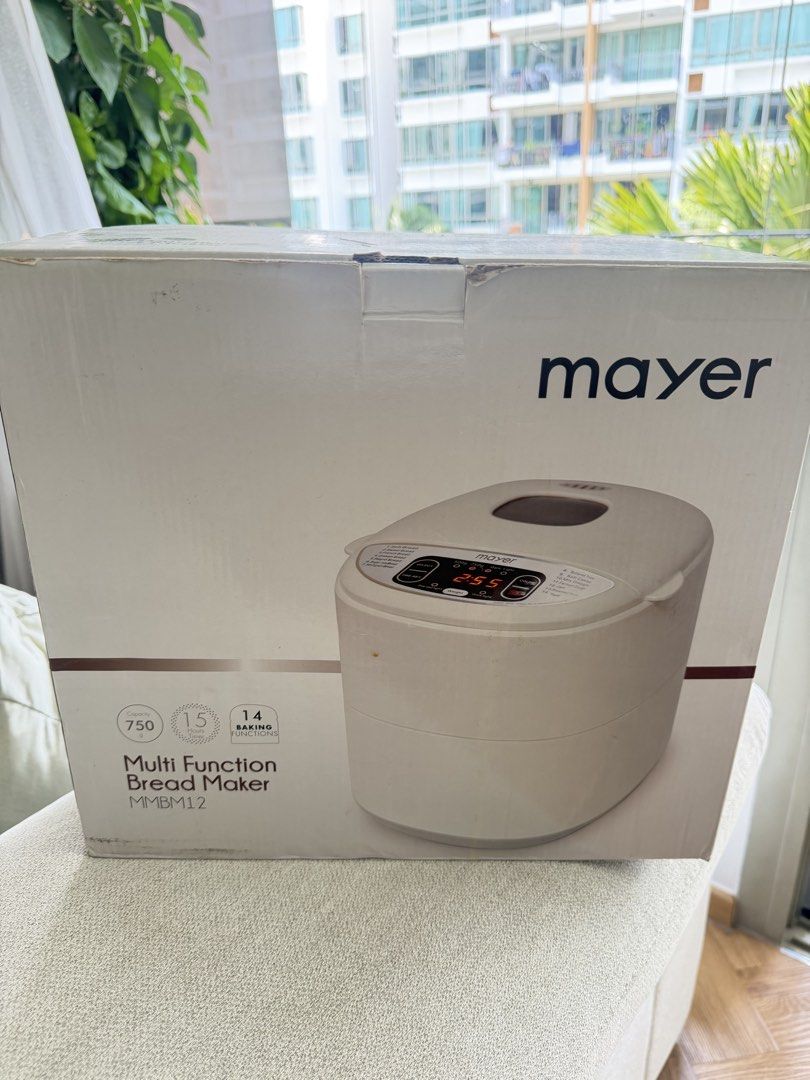 Mayer Multi Function Bread Maker MM BM12 (Category: Breadmakers) located in Singapore. Submitted by captain_phasma (Listing ID 1456986357, Image 1). Description: - Mayer Multi Function Bread Maker (Model MM BM12) - Capacity: 750g - 14 Baking Functions - 1 Hour Rapid Bake - 15 Hours Delay Bake Timer - 60 Minutes Keep Warm Function - Memory Function - Non-stick Baking Pan & Kneading Paddle - Light & Dark Crust Colour Settings - LCD Display with Vie