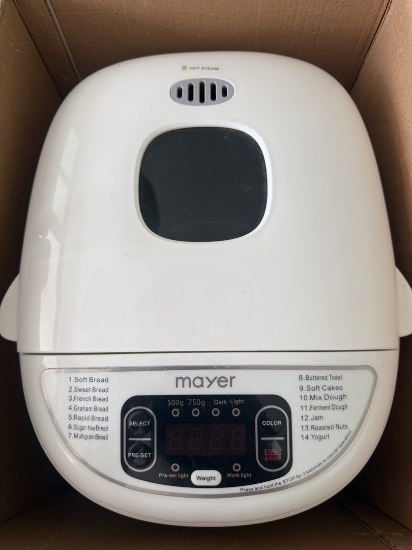 Mayer Multi Function Bread Maker MM BM12 (Category: Breadmakers) located in Singapore. Submitted by captain_phasma (Listing ID 1456986357, Image 3). Description: - Mayer Multi Function Bread Maker (Model MM BM12) - Capacity: 750g - 14 Baking Functions - 1 Hour Rapid Bake - 15 Hours Delay Bake Timer - 60 Minutes Keep Warm Function - Memory Function - Non-stick Baking Pan & Kneading Paddle - Light & Dark Crust Colour Settings - LCD Display with Vie