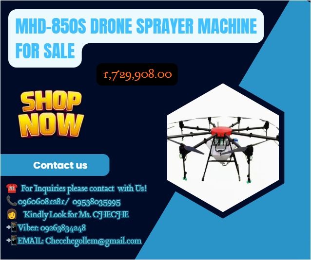 MHD-850S DRONE SPRAYER MACHINE FOR SALE (Category: Drones) located in Caloocan City. Submitted by happystorm_d41630 (Listing ID 1457015409, Image 1). Description: *MHD- 850S is the largest electric motor design , with 8 wings , dual battery desugn , strong power . heavy load except for agricultural spreading purposes. It can also be used for short distance low-altitude transportation ●Capacity: 50L ●Axes: 8 axis ●Rack material: Carbon fiber + alu