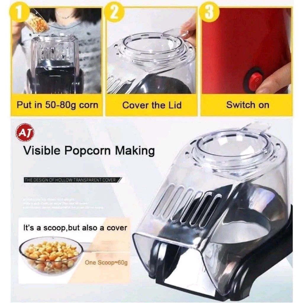 Minijoy Red Oil-Free Hot Air Popcorn Maker (Category: Other Kitchen Appliances) located in Manila. Submitted by marvieobordo (Listing ID 1456969295, Image 2). Description: - Enjoy delicious, oil-free popcorn in minutes! - Easy to use: just add 50-80g of corn kernels and turn it on. - Watch the popcorn pop through the transparent cover. - Comes with a convenient measuring scoop that doubles as a lid. - Ideal for cozy movie nights at home!.