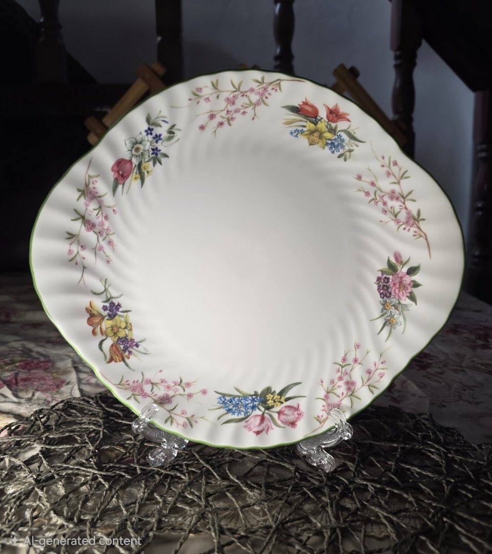 Minton Spring Blossom 10.5' Cake Serving Plate (Category: Other Kitchenware & Tableware) located in Zamboanga. Submitted by lunavinum (Listing ID 1456967259, Image 3). Description: - Minton Spring Blossom Cake Serving Plate -Approx meas: 10.5 inches - Condition: light stacking mark and two tiny paint chips, please see images, barely visible. - Beautiful vintage plate with floral swirl design - Delicate flowers and branches around the rim - Lovely