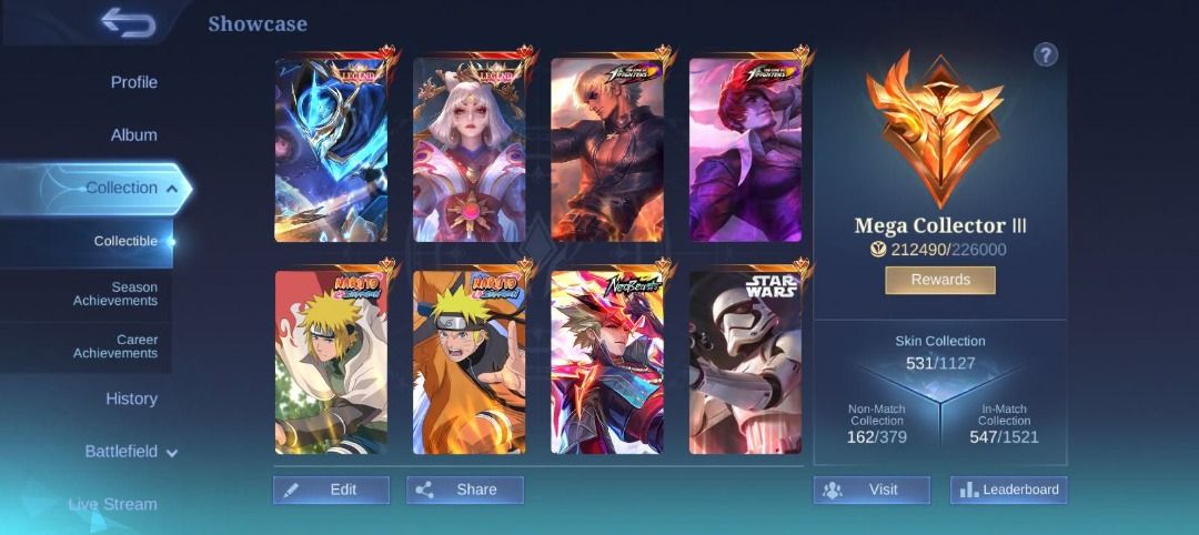 MLBB WORLD COLLECTOR GOOD FOR MAIN (Category: Game Gift Cards & Accounts) located in Malabon City. Submitted by oliver_james501 (Listing ID 1456978287, Image 1). Description: - Mobile Legends account with Mega Collector III status - Extensive skin collection: 531 out of 1127 skins - Features rare collector skins - Includes popular collaboration skins (Naruto, Star Wars) - High rank and extensive match history - Ideal for dedicated MLBB players (m