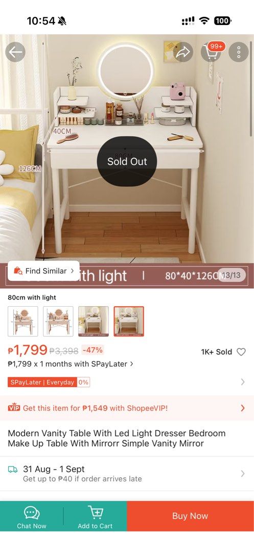 Modern Vanity Table with Light and Mirror (with stool chair) (Category: Tables & Sets) located in Las Pinas. Submitted by jeime (Listing ID 1457106537, Image 2). Description: - Stylish white vanity table - Built-in LED light and mirror - 80cm width, perfect for any space - Convenient drawers (2) for storage Used it for less than a year, want to change to a smaller vanity. Comes with a stool that I bought separately, everything is assembled! Messa