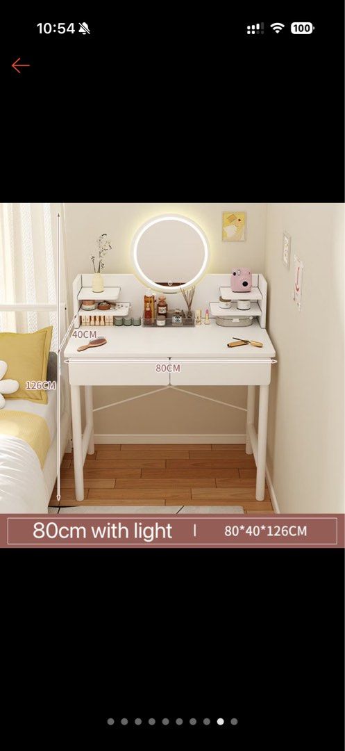 Modern Vanity Table with Light and Mirror (with stool chair) (Category: Tables & Sets) located in Las Pinas. Submitted by jeime (Listing ID 1457106537, Image 1). Description: - Stylish white vanity table - Built-in LED light and mirror - 80cm width, perfect for any space - Convenient drawers (2) for storage Used it for less than a year, want to change to a smaller vanity. Comes with a stool that I bought separately, everything is assembled! Messa