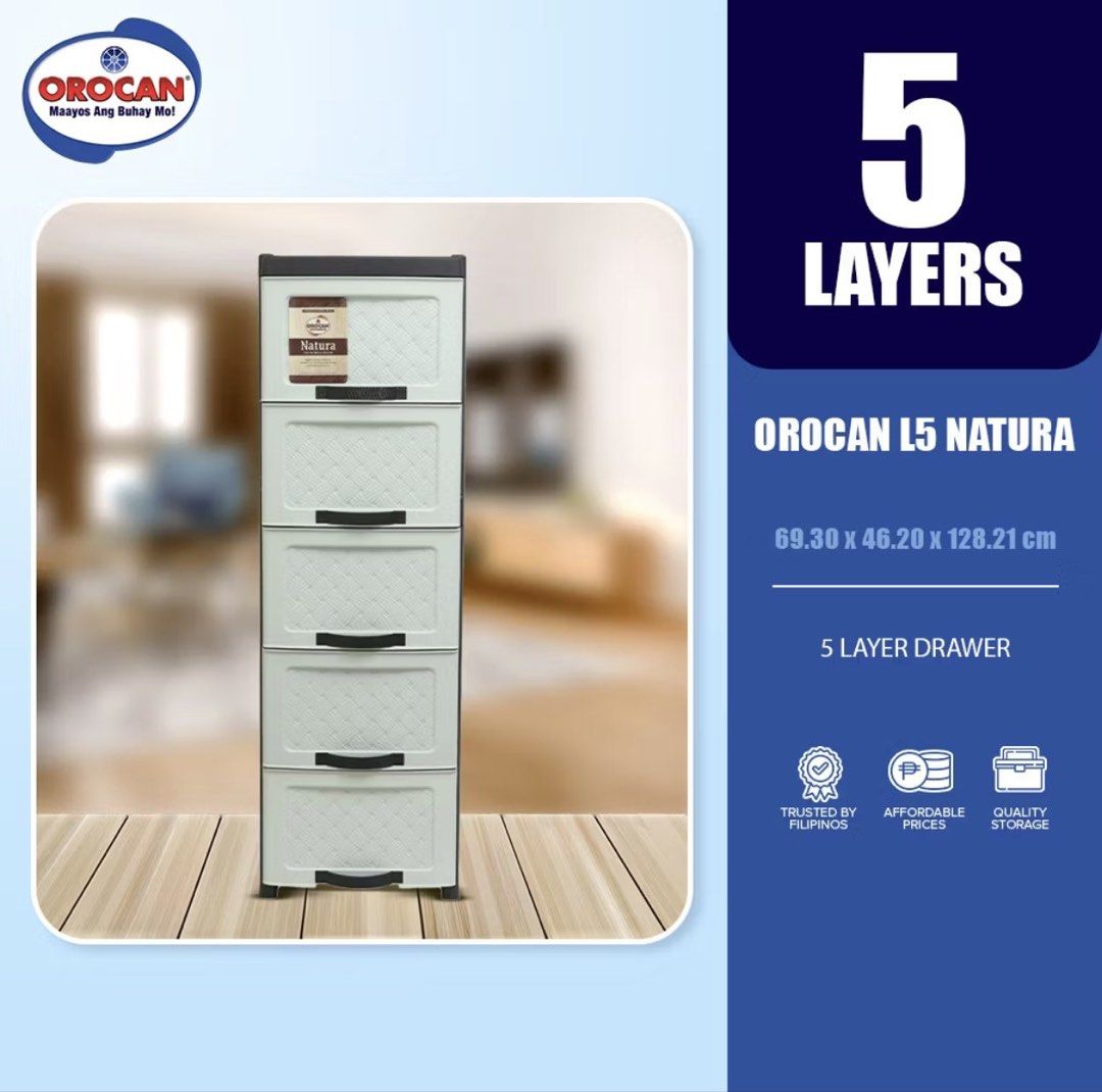 Orocan L5 Natura 5 Layer Drawer Cabinet (Category: Shelves, Cabinets & Racks) located in Manila. Submitted by freebear_74eda4 (Listing ID 1457079604, Image 1). Description: - Orocan L5 Natura 5-layer drawer cabinet - Perfect for organizing your space - Dimensions: 69.30 x 46.20 x 128.21 cm Message me for its condition .