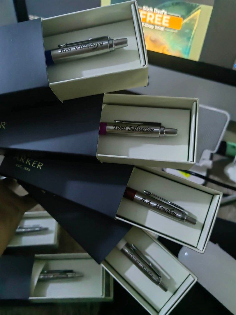 Parker Pens with Custom Engraving - Assorted Colors (Category: Stationery & School Supplies) located in Caloocan City. Submitted by addtojoyonlinestore (Listing ID 1457010900, Image 3). Description: - Personalized Parker Pens - Each pen engraved with a name - Available Colors: White, Light Blue, Yellow, Pink, Purple, Teal, Red, Dark Blue, Green, Magenta - Comes in individual gift boxes - Ideal for gifts or personal use.