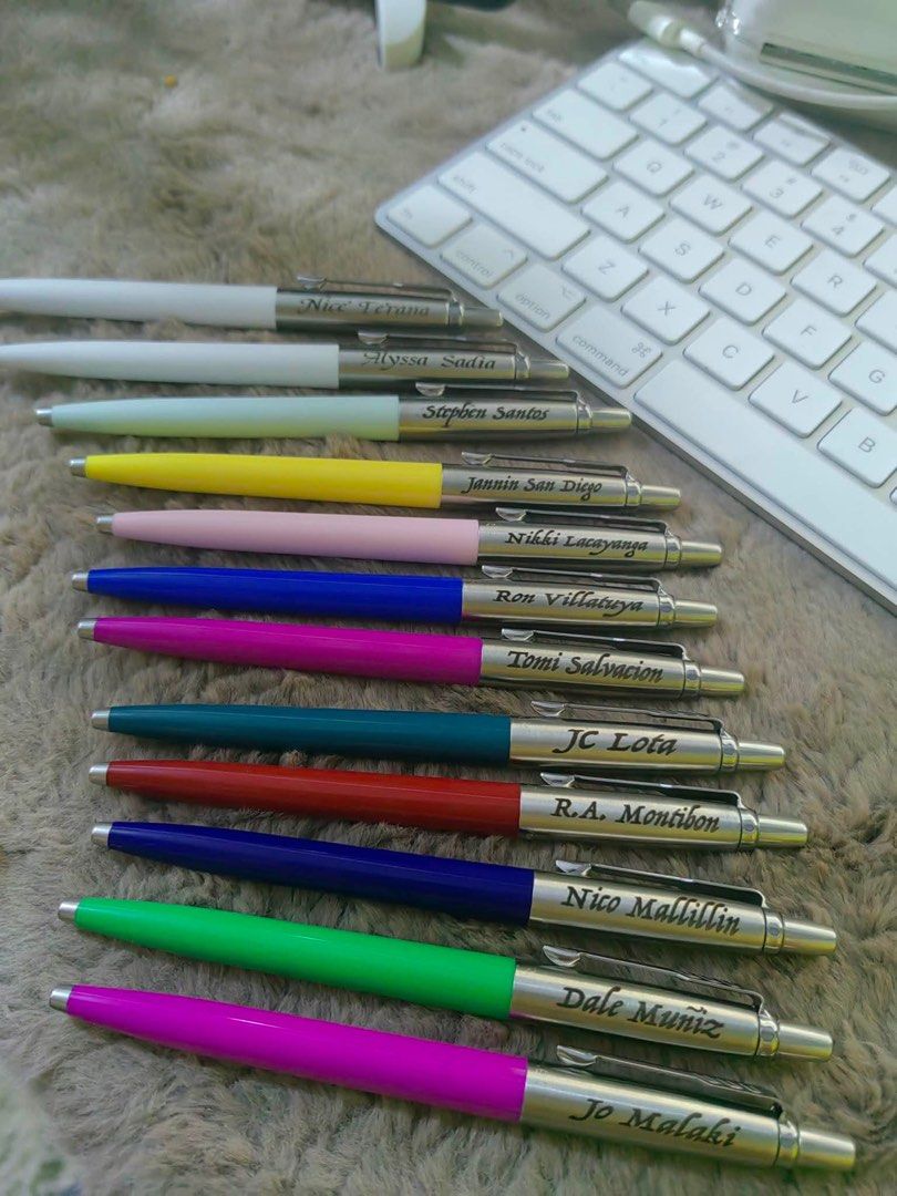 Parker Pens with Custom Engraving - Assorted Colors (Category: Stationery & School Supplies) located in Caloocan City. Submitted by addtojoyonlinestore (Listing ID 1457010900, Image 1). Description: - Personalized Parker Pens - Each pen engraved with a name - Available Colors: White, Light Blue, Yellow, Pink, Purple, Teal, Red, Dark Blue, Green, Magenta - Comes in individual gift boxes - Ideal for gifts or personal use.
