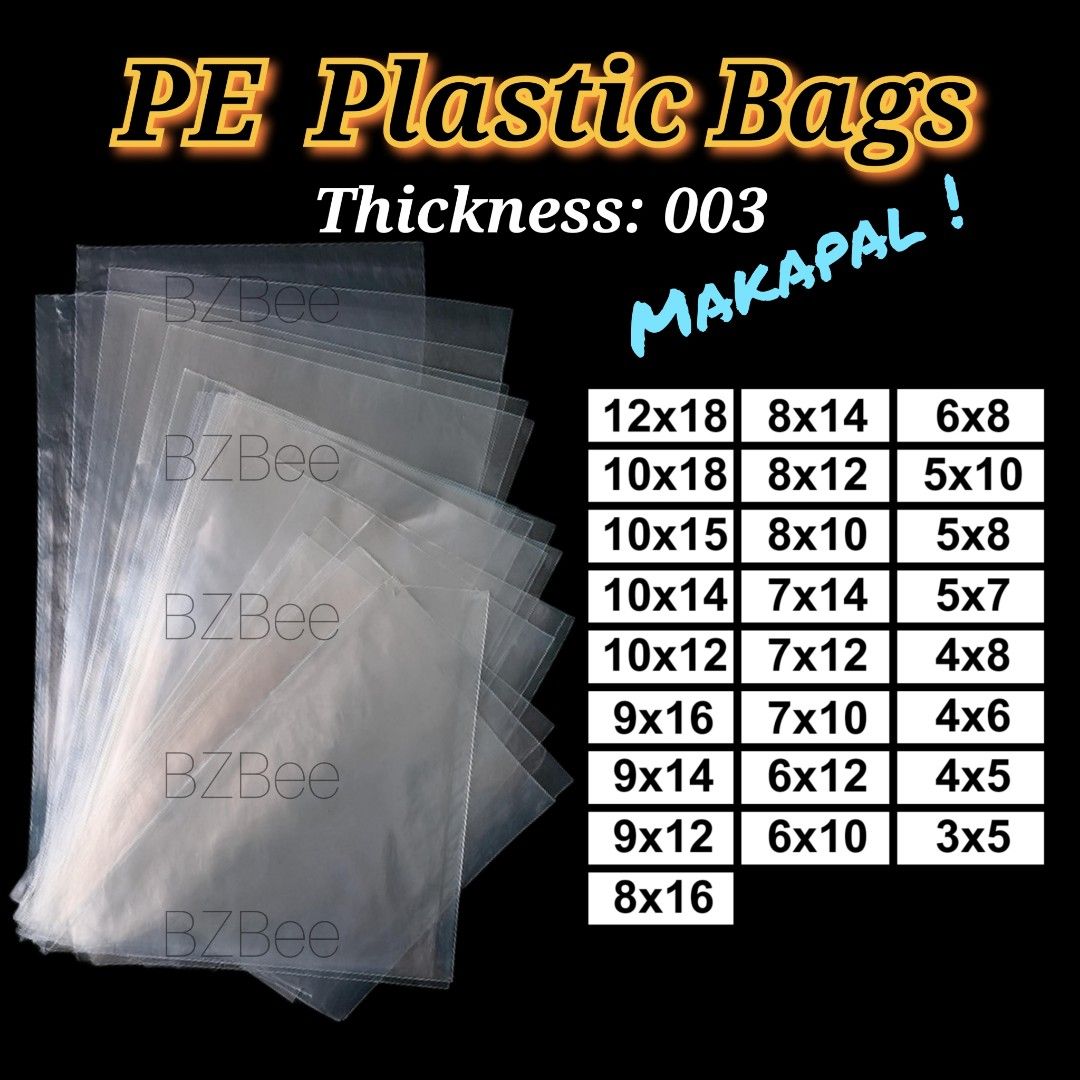 PE Plastic Bags | Makapal (Category: Craft Supplies & Tools) located in Mandaluyong City. Submitted by bzbee.packaging (Listing ID 1457083607, Image 1). Description: PE Plastic Bags | Makapal ▪️Thickness .003 (76 microns) ▪️Sold per pack (100pcs) ▪️Plain, cloudy clear, transparent ▪️Bottom-sealed ▪️Non-adhesive ▪️Food grade ▪️Good for frozen products ▪️Can be used with heat/impulse sealer 🔶PRICE LIST 100pcs Thickness .003 (76 microns) ▪️12x18 = 