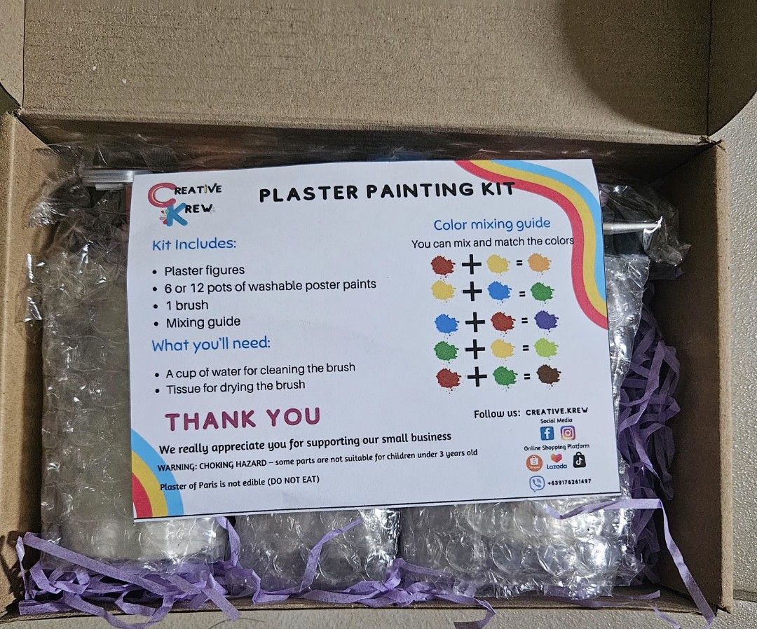 Plaster Painting Kit (Category: Art & Prints) located in Makati City. Submitted by xzyche (Listing ID 1456977578, Image 1). Description: - Plaster Painting Kit from Creative Krew - Includes: Plaster figures, 6 or 12 pots of washable poster paints, 1 brush, Mixing guide - What you'll need: Cup of water for cleaning brush, Tissue for drying brush - Encourages creativity and artistic expression - Suitable for fun art activities.