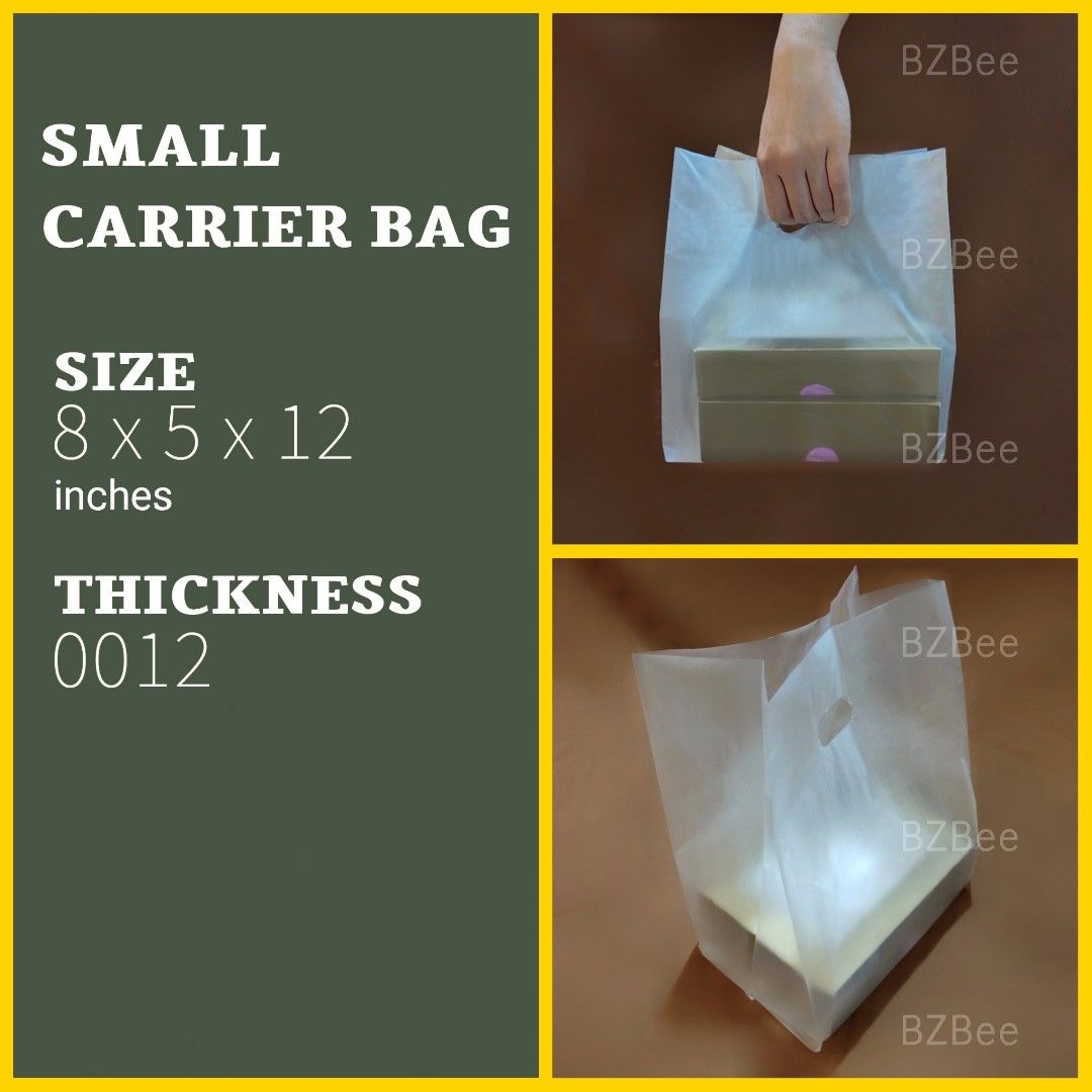 Plastic Carrier Bags with Handle (Category: Food Organization & Storage) located in Mandaluyong City. Submitted by bzbee.packaging (Listing ID 1457084029, Image 2). Description: Plastic Carrier Bags with Handle (50pcs/100pcs) ▪️Material: HDPE (matte/frosted) ▪️Thick/durable ▪️Ideal for pastry/cake boxes, food trays, takeout containers, etc. 🔶PRICE LIST ▪️50pcs Small = P108 Small-Tall = P148 #5 = P148 #5 Tall = P175 #6 = P109 Medium = P170 Medium