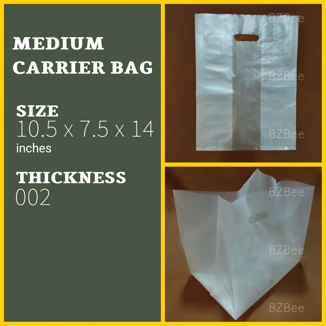 Plastic Carrier Bags with Handle (Category: Food Organization & Storage) located in Mandaluyong City. Submitted by bzbee.packaging (Listing ID 1457084029, Image 3). Description: Plastic Carrier Bags with Handle (50pcs/100pcs) ▪️Material: HDPE (matte/frosted) ▪️Thick/durable ▪️Ideal for pastry/cake boxes, food trays, takeout containers, etc. 🔶PRICE LIST ▪️50pcs Small = P108 Small-Tall = P148 #5 = P148 #5 Tall = P175 #6 = P109 Medium = P170 Medium