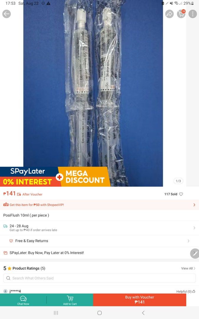PosiFlush 10ml Syringe (Category: Medical Supplies & Tools) located in Quezon City. Submitted by sturmfrae (Listing ID 1457056412, Image 3). Description: - Sterile 10ml PosiFlush syringes - Individually sealed for hygiene - Long expiry dates, up to 2028 - Bought for ₱141 each - Selling it for ₱100 each.