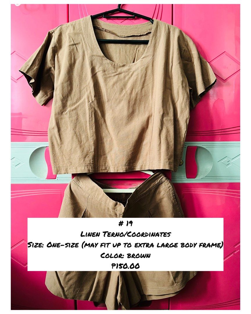 Pre-loved Linen Terno/Coordinates (Category: Sets or Coordinates) located in Muntinlupa City. Submitted by triciakye (Listing ID 1457028291, Image 1). Description: 📍Alabang, Muntinlupa City Click on the picture for the details. RFS: Decluttering ng babaeng bibili ng bagong damit kapag may gala tapos di na ulit susuotin 😅 PLEASE READ: -Payment first via Gcash before ship out. -Prices does not include shipping fee. The item will be sent via Lalam