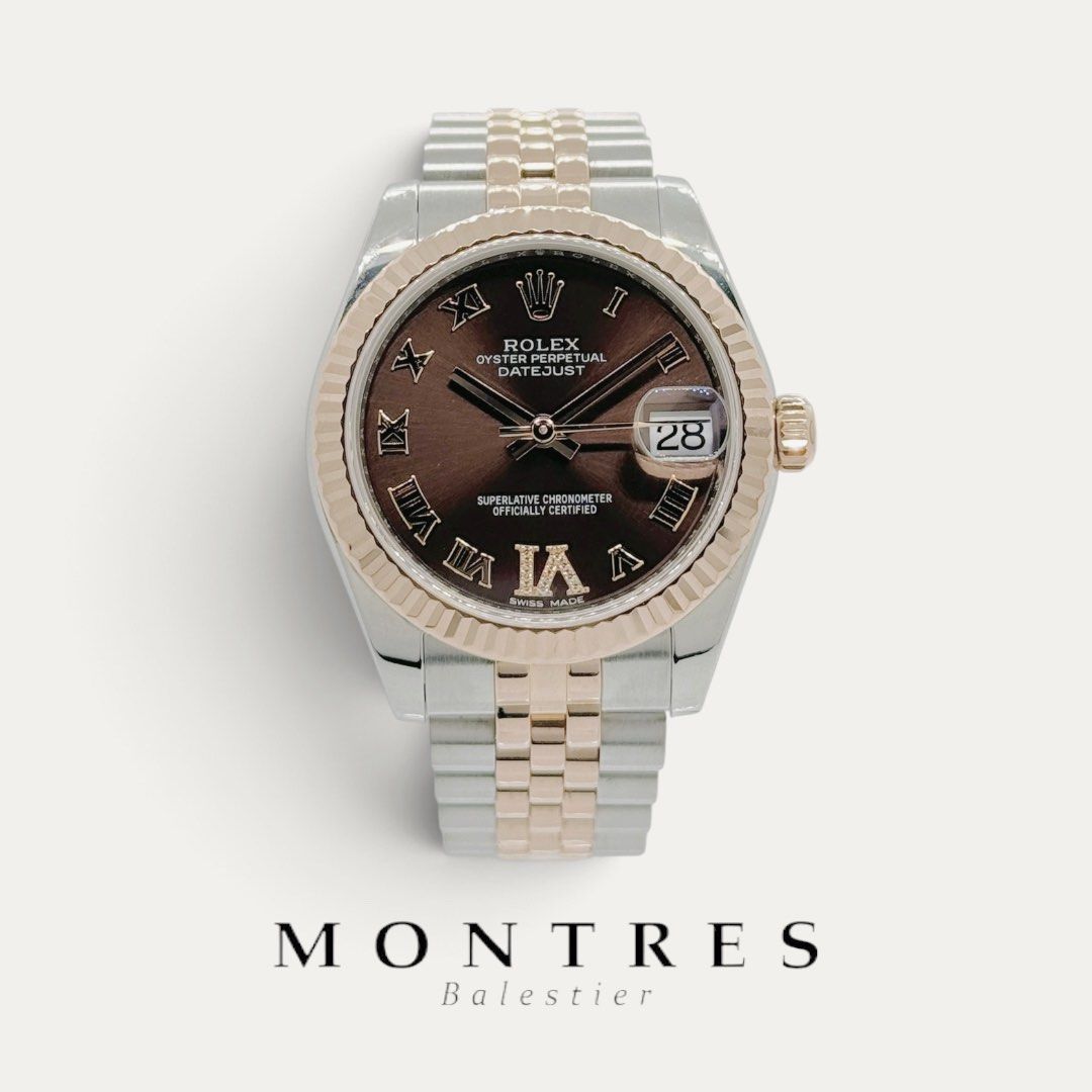 Pre-owned Rolex 18K Half Rose Gold 31MM Datejust Jubilee 178271 Chocolate Roman VI Diamond Dial (AN)(2017) (Category: Watches) located in Singapore. Submitted by montresbalestier (Listing ID 1457022940, Image 1). Description: Please follow us for updates on our latest watches! Brand: Rolex Model: Datejust Reference: 178271 Size: 31MM Material: Steel & Rose Gold (Rose Gold Fluted Bezel) Dial: Chocolate Roman VI Diamond Condition: like new , watch 