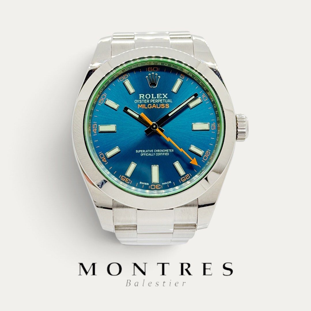 Pre-owned Rolex Milgauss 116400GV Z-Blue Dial 116400 GV (AN)(2021)(NFC) (Category: Watches) located in Singapore. Submitted by montresbalestier (Listing ID 1457027634, Image 1). Description: Please follow us for updates on our latest watches! Brand: Rolex Model: Milgauss Reference: 116400GV Size: 40MM Material: Stainless Steel Dial: Z-Blue Condition: like new , watch and NFC cert Warranty: Dated AN Series , August 2021 (comes with 1 year in-house