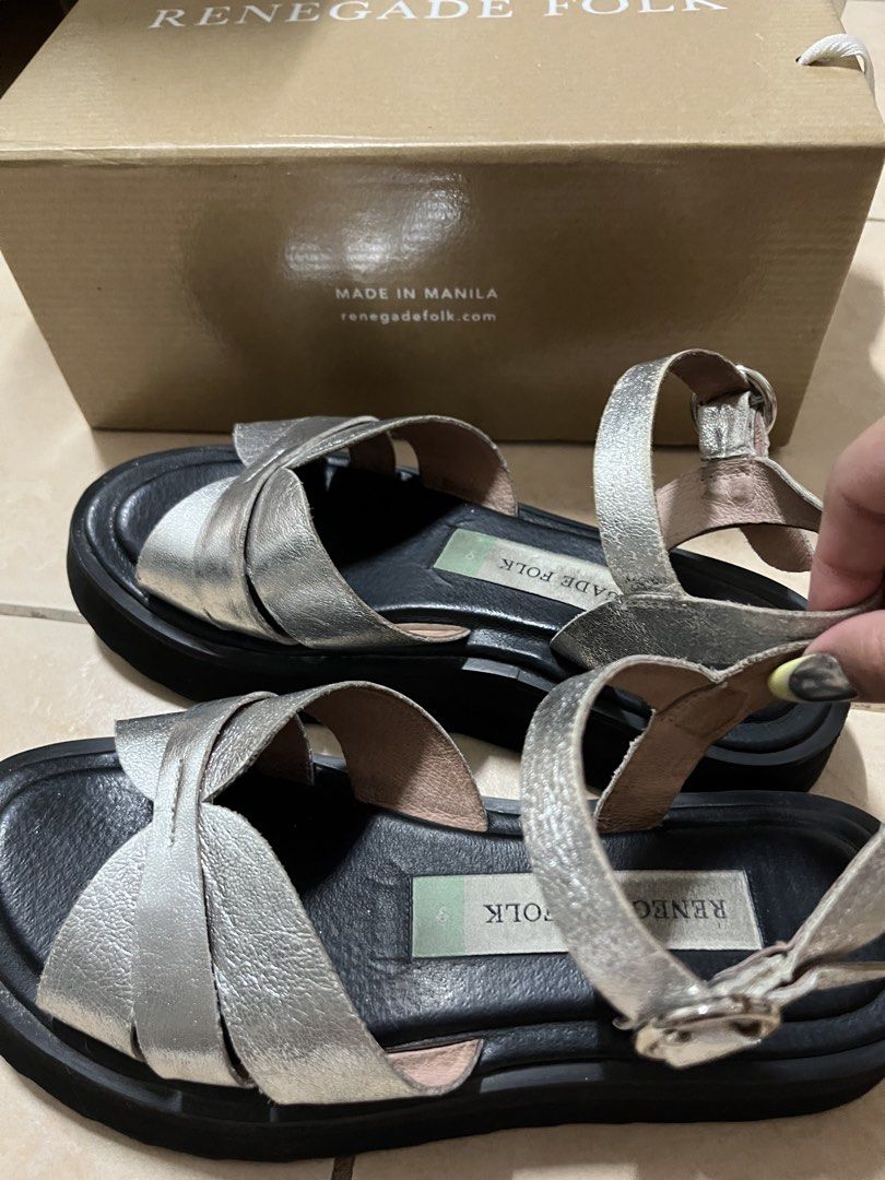 Renegade Folk Together Slides Silver (Category: Sandals) located in Dasmarinas. Submitted by caitswardrobe (Listing ID 1457069150, Image 2). Description: Size 9 (Fits size 7-8, maliit lang talaga sizing nila) 24CM.