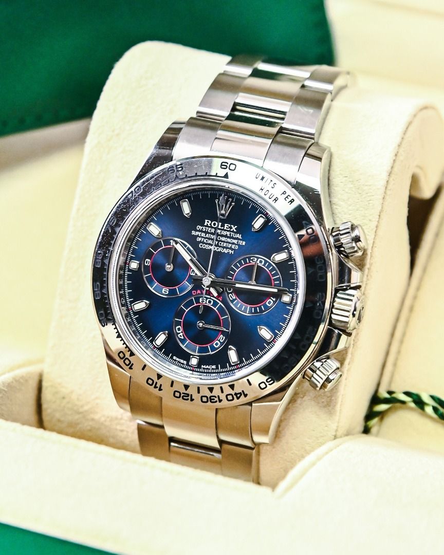 Rolex Daytona "John Mayer" 116509 (Category: Luxury Watches) located in Quezon City. Submitted by overtimewatches (Listing ID 1457090858, Image 1). Description: Rolex Cosmograph Daytona (Blue Dial) Purchase Year: 2019 (Local AD) Condition: Good / Very Good - (8.5/10 to 9/10, exhibiting light, normal surface hairlines from handling/wear) Case Diameter (Left to Right): 40 mm Case Height (Top to Bottom): ~46.5 mm (Lug-to-lug) Case Thickness: ~12.2 m