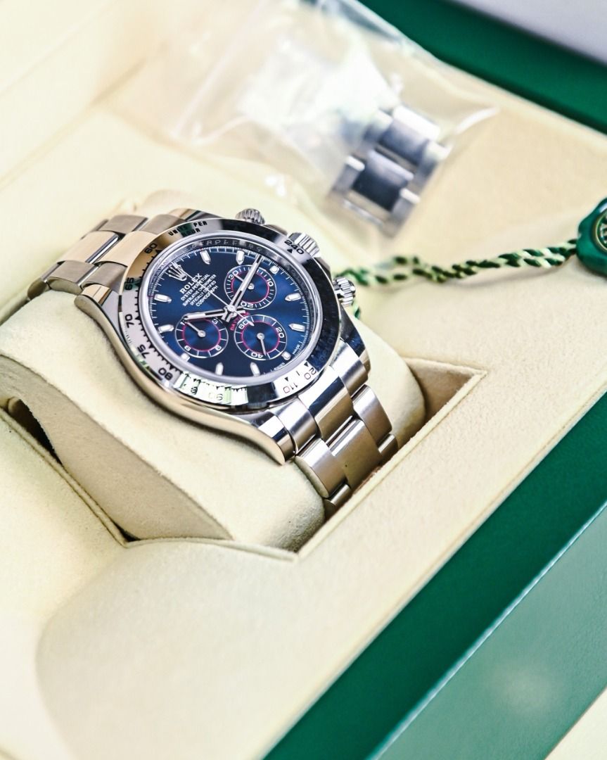Rolex Daytona "John Mayer" 116509 (Category: Luxury Watches) located in Quezon City. Submitted by overtimewatches (Listing ID 1457090858, Image 3). Description: Rolex Cosmograph Daytona (Blue Dial) Purchase Year: 2019 (Local AD) Condition: Good / Very Good - (8.5/10 to 9/10, exhibiting light, normal surface hairlines from handling/wear) Case Diameter (Left to Right): 40 mm Case Height (Top to Bottom): ~46.5 mm (Lug-to-lug) Case Thickness: ~12.2 m