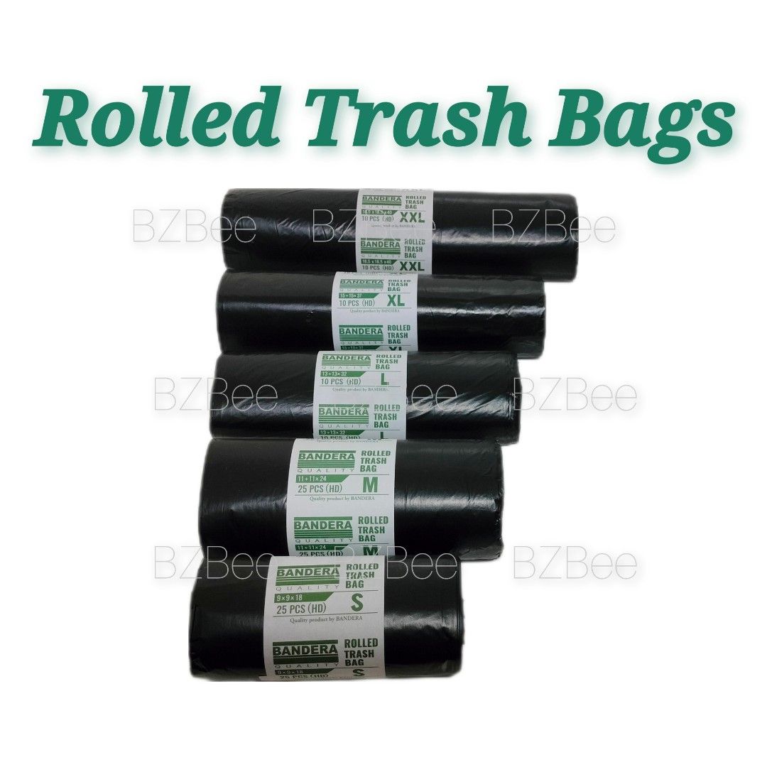 Rolled Trash Bags Garbage Bags (Category: Waste Bins & Bags) located in Mandaluyong City. Submitted by bzbee.packaging (Listing ID 1457085037, Image 1). Description: Rolled Trash Bags / Garbage Bags ▪️Made of high-quality materials ▪️Durable and tear-resistant ▪️Leak-proof ▪️Sold per roll 🔶PRICE LIST ▪️Small = P31 9 x 9 x 18 inches 25pcs per roll ▪️Medium = P51 11 x 11 x 24 inches 25pcs per roll ▪️Large = P37 13 x 13 x 32 inches 10pcs per roll ▪