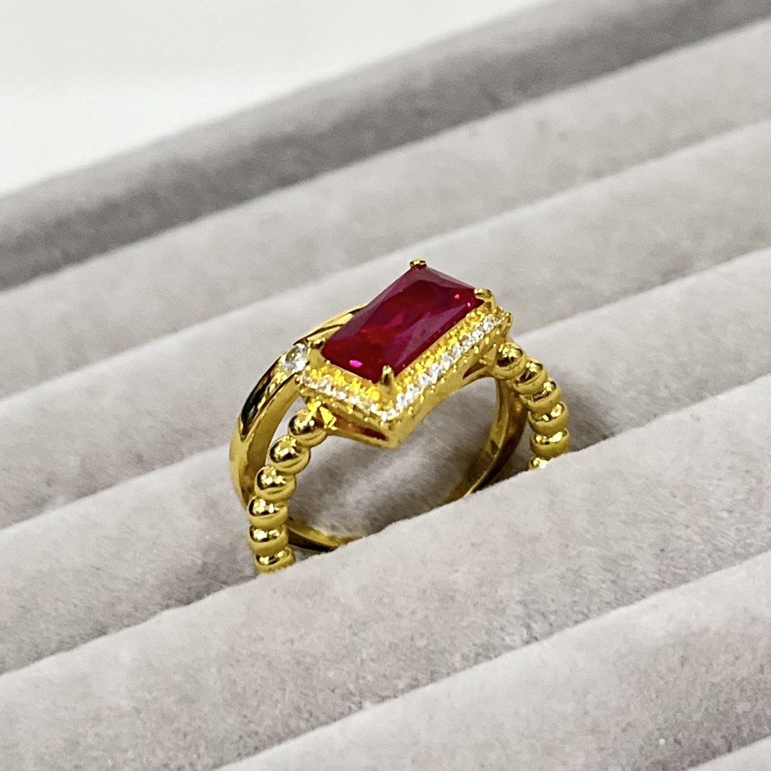 Ruby Stone Emerald Cut in Unique Golden Tone Adjustable Setting (Category: Rings) located in Antipolo. Submitted by aristokai (Listing ID 1457126739, Image 2). Description: ❤️ Big lab grown ruby stone, at a very affordable price point ❤️ Stainless, adjustable, non-fade and non-tarnish material. • Ruby is traditionally associated with passion, courage, vitality, and confidence • Encourages motivation, determination, and personal power • Symbolizes