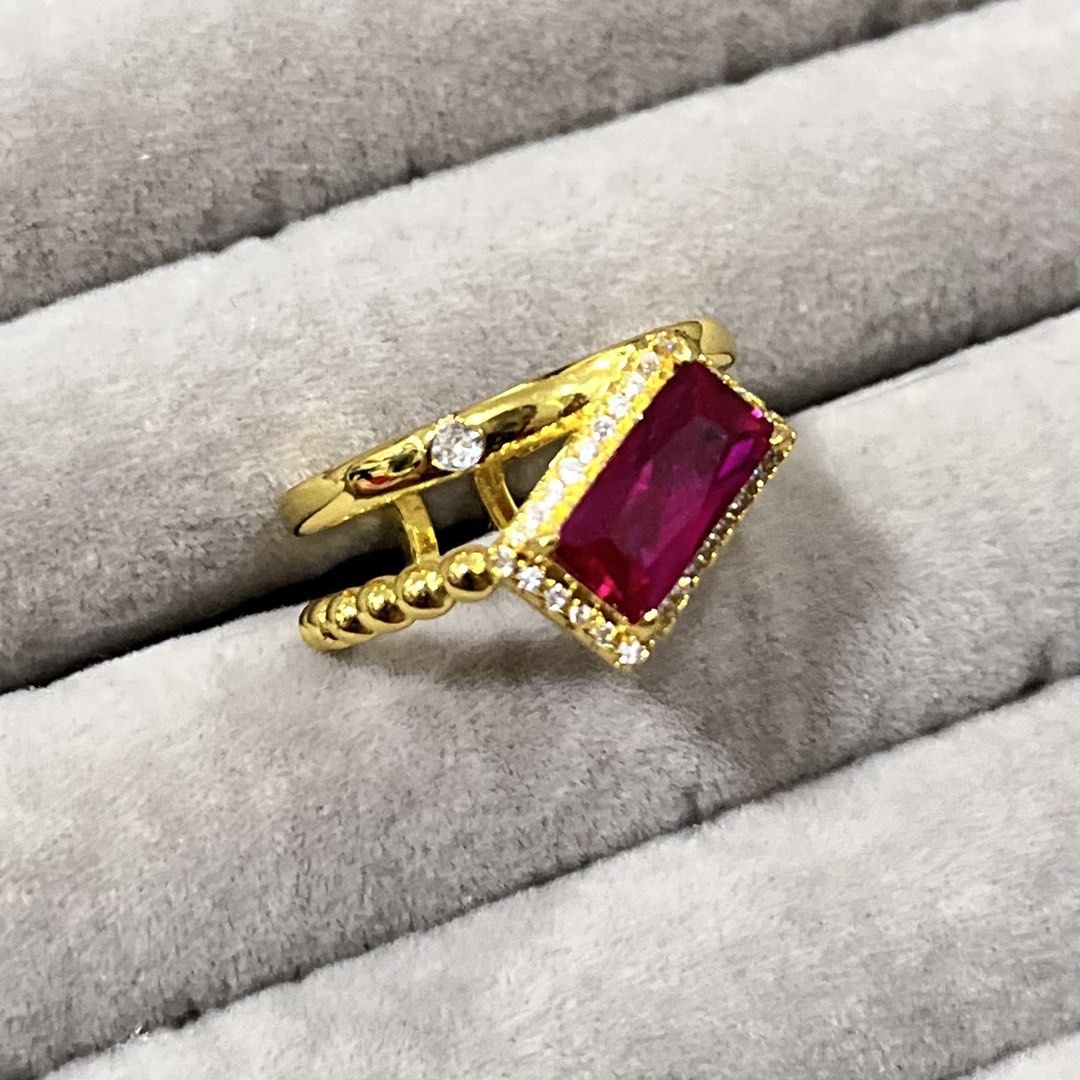 Ruby Stone Emerald Cut in Unique Golden Tone Adjustable Setting (Category: Rings) located in Antipolo. Submitted by aristokai (Listing ID 1457126739, Image 3). Description: ❤️ Big lab grown ruby stone, at a very affordable price point ❤️ Stainless, adjustable, non-fade and non-tarnish material. • Ruby is traditionally associated with passion, courage, vitality, and confidence • Encourages motivation, determination, and personal power • Symbolizes