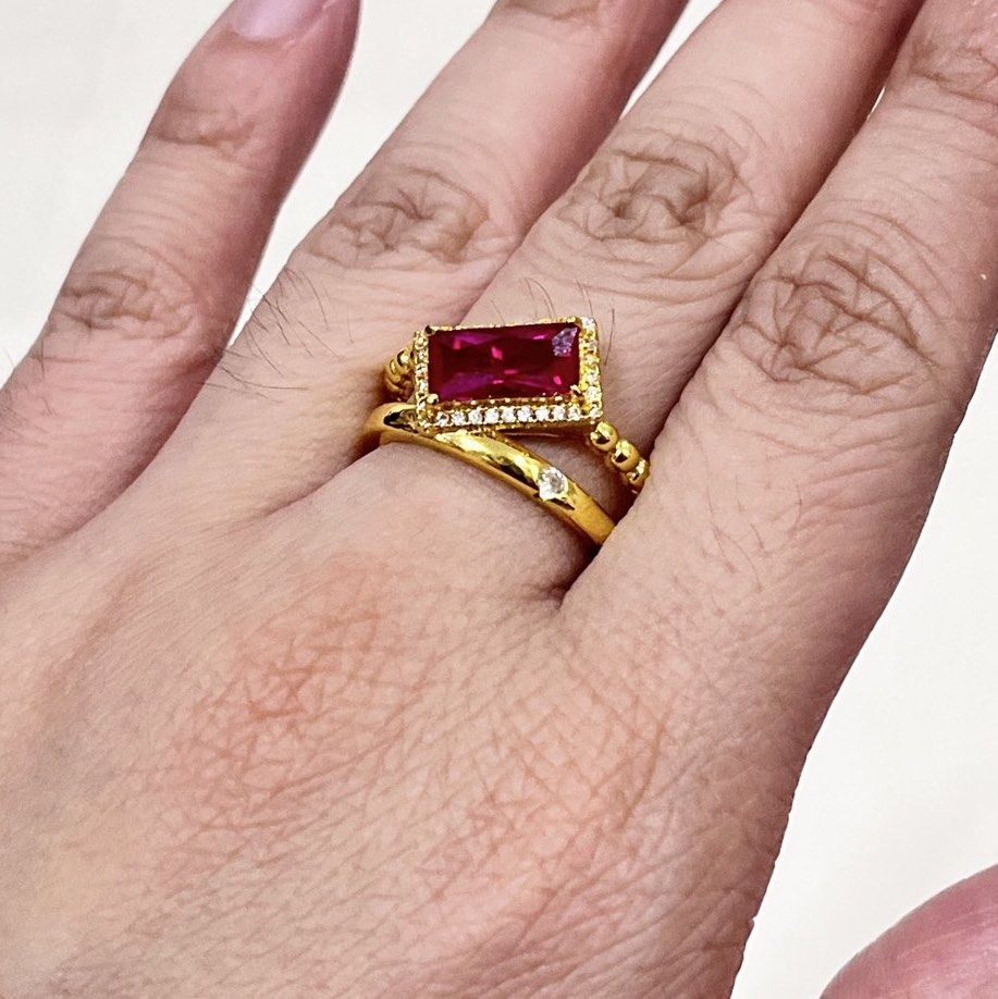 Ruby Stone Emerald Cut in Unique Golden Tone Adjustable Setting (Category: Rings) located in Antipolo. Submitted by aristokai (Listing ID 1457126739, Image 1). Description: ❤️ Big lab grown ruby stone, at a very affordable price point ❤️ Stainless, adjustable, non-fade and non-tarnish material. • Ruby is traditionally associated with passion, courage, vitality, and confidence • Encourages motivation, determination, and personal power • Symbolizes