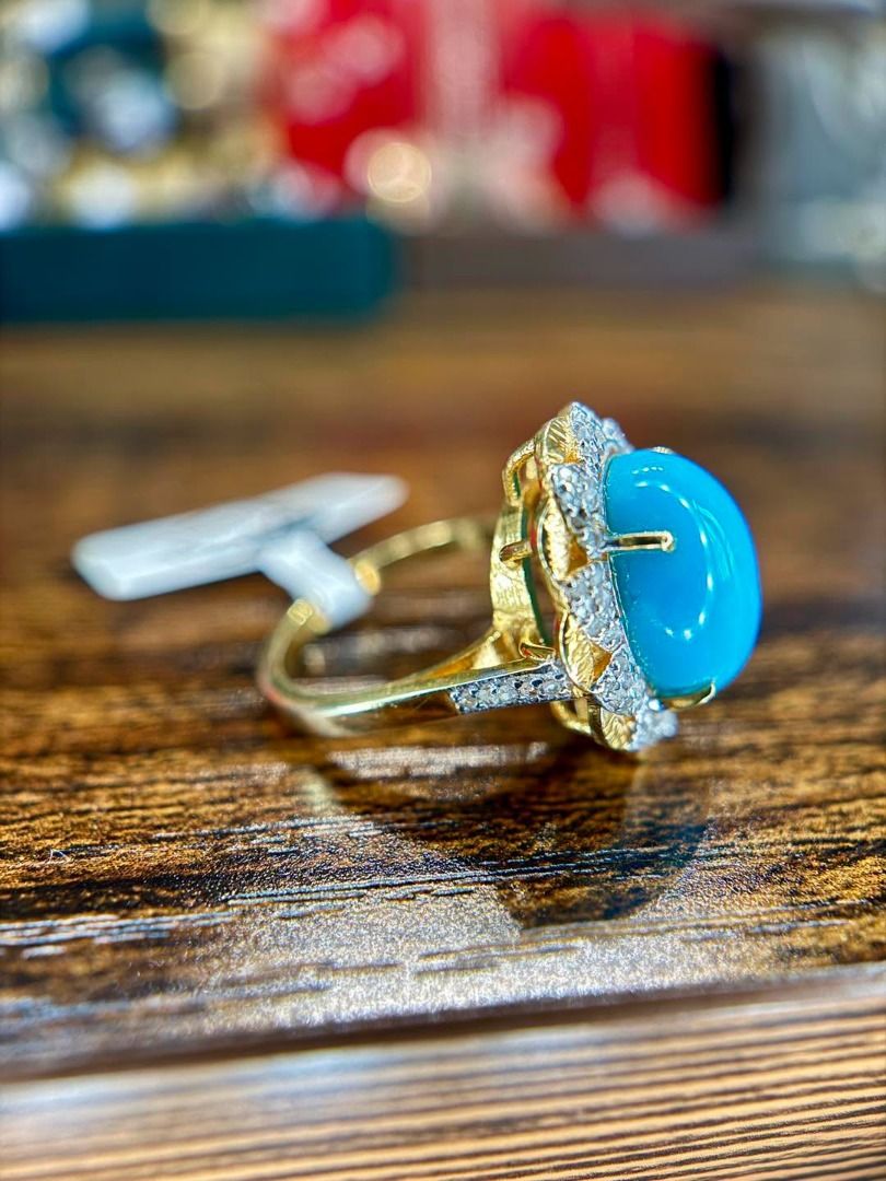 S7.5 NATURAL TURQUOISE DIAMOND RING (Category: Rings) located in Baguio. Submitted by asna_taku (Listing ID 1457040338, Image 3). Description: 💎 NATURAL TURQUOISE DIAMOND RING 💎 That gorgeous blue! 💙 A classic oval turquoise cabochon framed with sparkling natural diamonds—elegant yet eye-catching. 💎 Natural Turquoise — 6.22 cts 💎 Natural Diamonds — approx. 0.31 ct ✨ 925 Silver, Yellow Gold Plated 💍 Size 7.5 📜 With AGA certificate 💰 ₱15,48