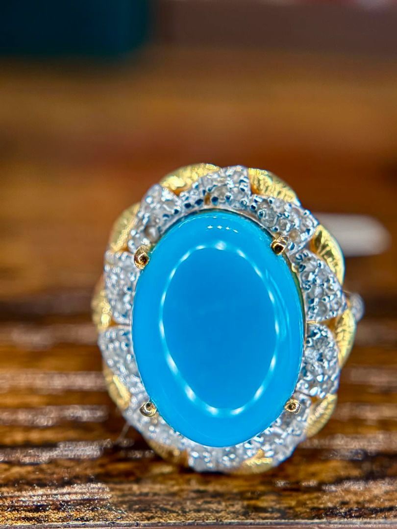 S7.5 NATURAL TURQUOISE DIAMOND RING (Category: Rings) located in Baguio. Submitted by asna_taku (Listing ID 1457040338, Image 1). Description: 💎 NATURAL TURQUOISE DIAMOND RING 💎 That gorgeous blue! 💙 A classic oval turquoise cabochon framed with sparkling natural diamonds—elegant yet eye-catching. 💎 Natural Turquoise — 6.22 cts 💎 Natural Diamonds — approx. 0.31 ct ✨ 925 Silver, Yellow Gold Plated 💍 Size 7.5 📜 With AGA certificate 💰 ₱15,48