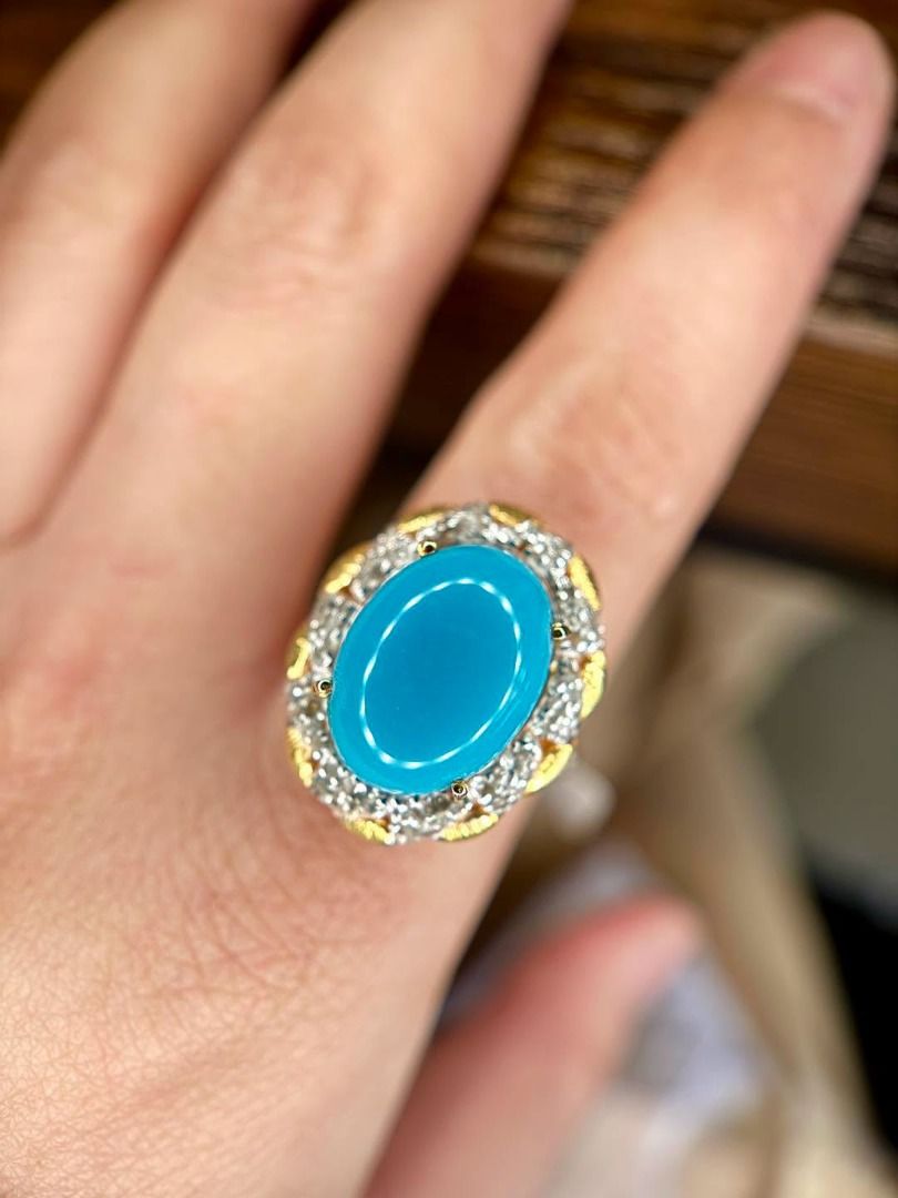 S7.5 NATURAL TURQUOISE DIAMOND RING (Category: Rings) located in Baguio. Submitted by asna_taku (Listing ID 1457040338, Image 2). Description: 💎 NATURAL TURQUOISE DIAMOND RING 💎 That gorgeous blue! 💙 A classic oval turquoise cabochon framed with sparkling natural diamonds—elegant yet eye-catching. 💎 Natural Turquoise — 6.22 cts 💎 Natural Diamonds — approx. 0.31 ct ✨ 925 Silver, Yellow Gold Plated 💍 Size 7.5 📜 With AGA certificate 💰 ₱15,48