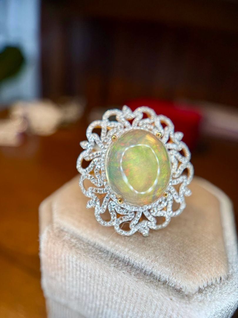 S7 Natural Ethiopian Opal & Diamond Ring (Category: Rings) located in Baguio. Submitted by asna_taku (Listing ID 1457027819, Image 3). Description: ✨ Natural Ethiopian Opal & Diamond Ring ✨ A dreamy Natural Ethiopian Opal with beautiful play-of-color — a statement piece for the gemstone lover. 💚✨ 💎 Natural Opal — 7.72 cts 🌈 Oval cabochon with natural play-of-color 💎 Accented with natural round-cut diamonds, approx. 0.75 ct total ✨ S925 Silver