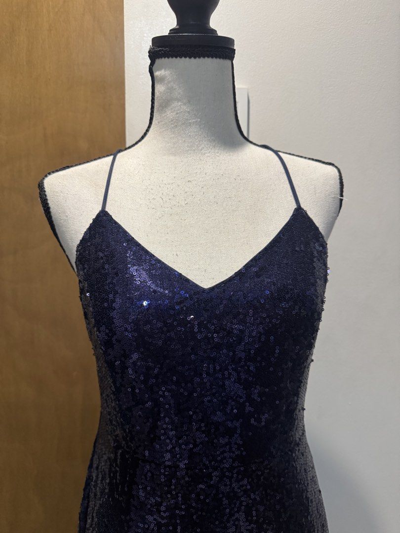 SHEIN Navy Blue Sequin Spaghetti Strap Maxi Dress (Category: Dresses) located in Paranaque City. Submitted by lovedbyag (Listing ID 1457135535, Image 2). Description: - stored but never used - with slit.