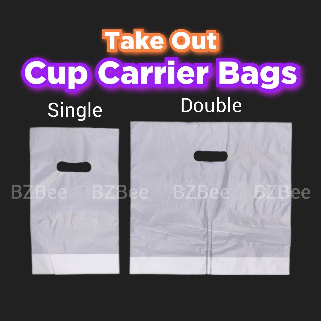 Single & Double Take Out Cup Plastic Carrier Bags (Category: Food Organization & Storage) located in Mandaluyong City. Submitted by bzbee.packaging (Listing ID 1457085344, Image 1). Description: Single & Double Take Out Cup Plastic Carrier Bags ▪️Appearance: Matte/frosted ▪️High quality, durable plastic ▪️Bottom expands to create a flat base to help the cup stand upright. ▪️Can fit up to 22oz cup ▪️100pcs/pack 🔶PRICE LIST 100pcs Single = P54 Dou