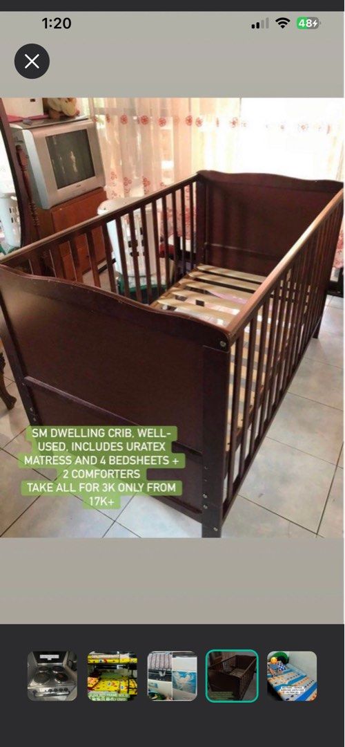 SM Dwelling Crib with Uratex Mattress, Bedsheets & Comforters (Category: Cots & Cribs) located in Mandaluyong City. Submitted by kris3000 (Listing ID 1456997294, Image 1). Description: - SM Dwelling crib, well-used - Includes Uratex mattress - Comes with 4 bedsheets - Includes 2 comforters - Selling the whole set for only 3,000 pesos - Original price was over 17,000 pesos - Excellent deal for a complete nursery set.