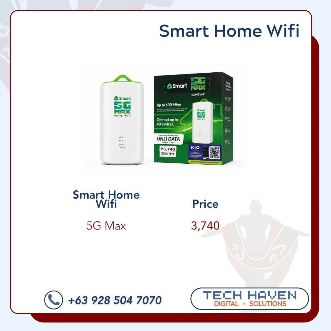 Smart Home Wifi 5G Max Up to 600 Mbps (Category: Networking) located in Quezon City. Submitted by emem_00 (Listing ID 1457087739, Image 1). Description: - Smart Home Wifi 5G Max - Speeds up to 600 Mbps - Connect up to 40 devices - Includes UNLI DATA for 30 days - Original Price: P4,990 - Sale Price: P3,740 - Contact +63 9353569520.