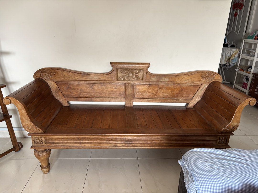 Solid Teak Bench (Category: Chairs) located in Singapore. Submitted by limnat (Listing ID 1456985400, Image 1). Description: See 2nd pic. Back rest is dislodged which can be fixed..