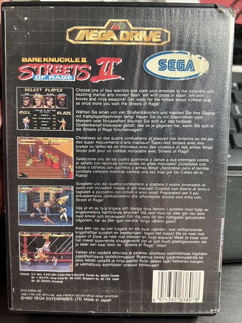 Streets of Rage 2 Bare Knuckle II Sega Mega Drive Genesis Asia Version Golden Logo （分類：其他）位於 Hong Kong。 由 dr.evil 提交（商品編號 1457083701，圖片 2）。簡介： Selling the rare Golden Logo Asia version of Bare Knuckel 2 / Streets of Rage II. Teh best fighting game for teh Sega Mega Drive / Genesis 16 Bit. Includes both teh English and Chinese manuals. Condition as shown. Im also interested in other sega MD games CIB if you wanna trade, message me. Thanks No SFC, 