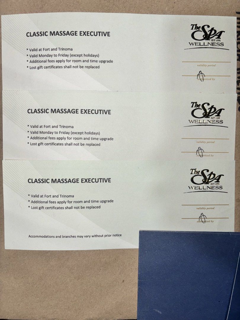 The Spa GC (Category: Body Care) located in Makati City. Submitted by chumi10 (Listing ID 1457050766, Image 1). Description: The Spa Classic Massage Exectutive GC 3 pcs available at P1,200each Real cost of the massage is P1,705. Delivery c/o buyer via grab or lalamove. No meetups. .