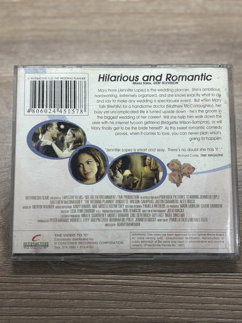 The Wedding Planner (2001) - VCD (Category: CDs & DVDs) located in Quezon City. Submitted by mkportiz (Listing ID 1457006381, Image 2). Description: 📀 Classic Movie VCD 🎬 The Wedding Planner (2001) Original/old VCD copy from the classic era. Perfect for collectors, movie lovers, or anyone who enjoys the nostalgia of physical media. ❤️ 📌 Please note: These are pre-owned vintage VCDs and may show signs of age/use. Please see photos for the actua