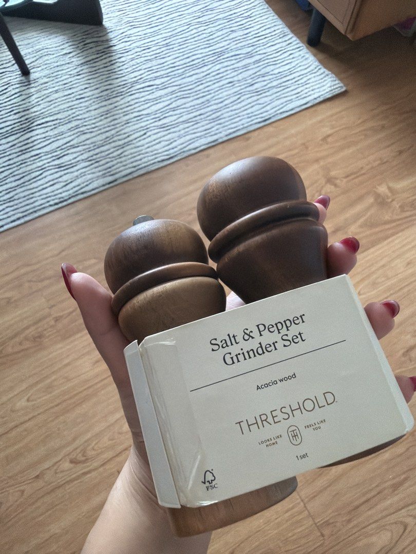 Threshold Acacia Wood Salt & Pepper Grinder Set (Category: Cookware & Accessories) located in Quezon City. Submitted by elisepaulino (Listing ID 1456964016, Image 1). Description: - Brand new Threshold Salt & Pepper Grinder Set - Made from beautiful, natural acacia wood - Classic and simple design, perfect for any kitchen or dining table - Comes new in original packaging - Elevate your mealtime presentation!.