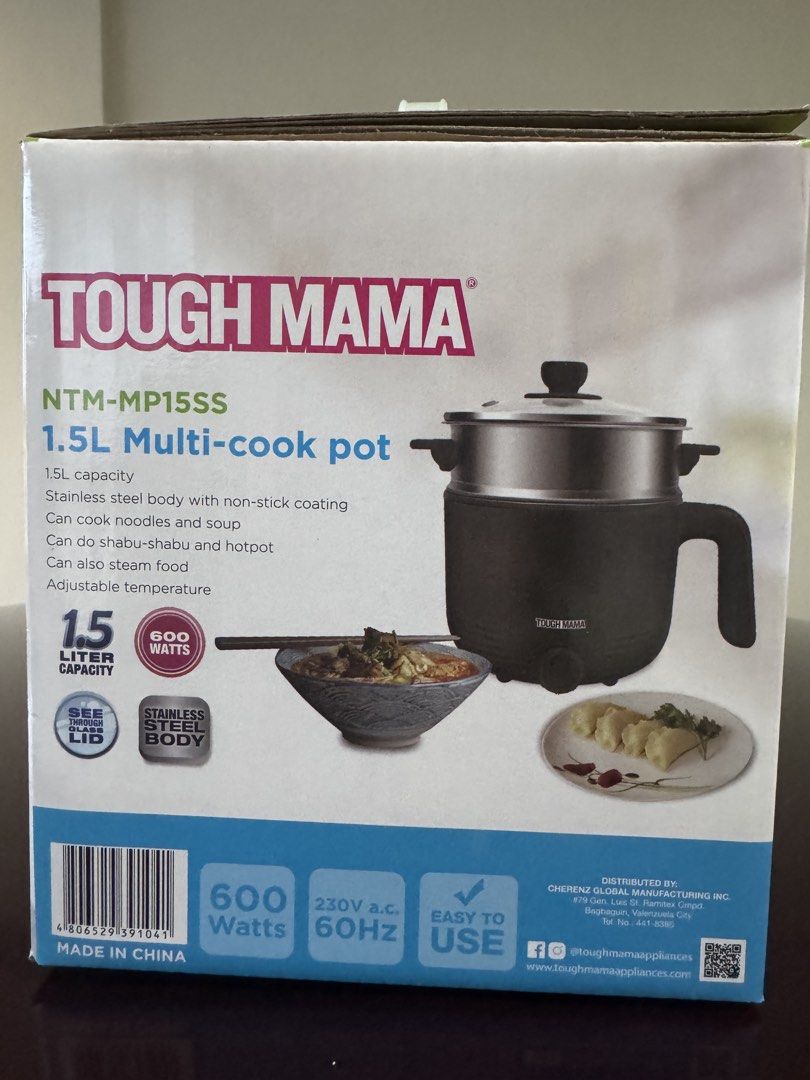 Tough Mama 1.5 multi - cook pot (Category: Cookers) located in Las Pinas. Submitted by vanethneth (Listing ID 1457104683, Image 2). Description: 1.5L capacity Tough Mama (NTM-MP15SS) Multipot 1.5L Multicooker Non-Stick Pot Electric Rice Cooker Hotpot Stainless steel body with non-stick coating Can cook noodles and soup Can do shabu-shabu and hotpot Can also steam food Adjustable temperature 600 watts.