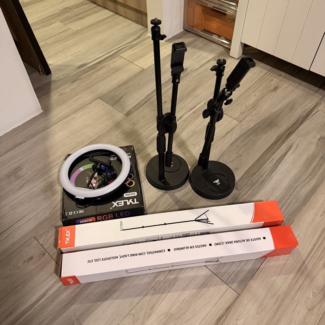 Tripods And Ring Lights TAKE ALL FOR 600 (DECLUTTERING BUNDLE SALE) (Category: Lighting & Studio Equipment) located in Makati City. Submitted by theSeller (Listing ID 1457138708, Image 2). Description: DECLUTTERING BUNDLE SALE. Used few times. Safely Kept. SELLING AS SET ONLY. No Damage. RFS: decluttering Inclusions: 2 - Floor Tripod 2 - Table Tripod 2 - Ring Lights (tri-colors) ---------------------------- SELLER’S POLICY: First to pay, first to