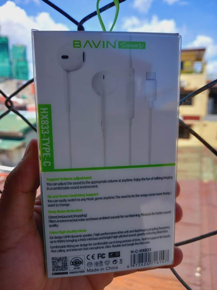 TYPE C EARPHONE / HEADSET (Category: Earphones) located in Pasig City. Submitted by gentle_jerico (Listing ID 1457023266, Image 3). Description: Bavin : Type c Earphone plug and play Good sound quality with Mic. available, pm to order. 📩.