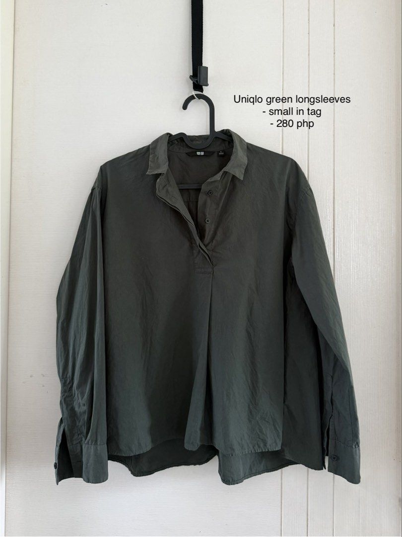 Uniqlo Green Longsleeves - Size Small (Category: Longsleeves) located in Carmona. Submitted by cinnmoroll (Listing ID 1456964923, Image 1). Description: - Uniqlo Green Longsleeved Shirt - Size: Small (fits true to size) - Style: Button-up neckline, relaxed fit - Versatile: Great for layering or wearing solo - Price: 280 php.