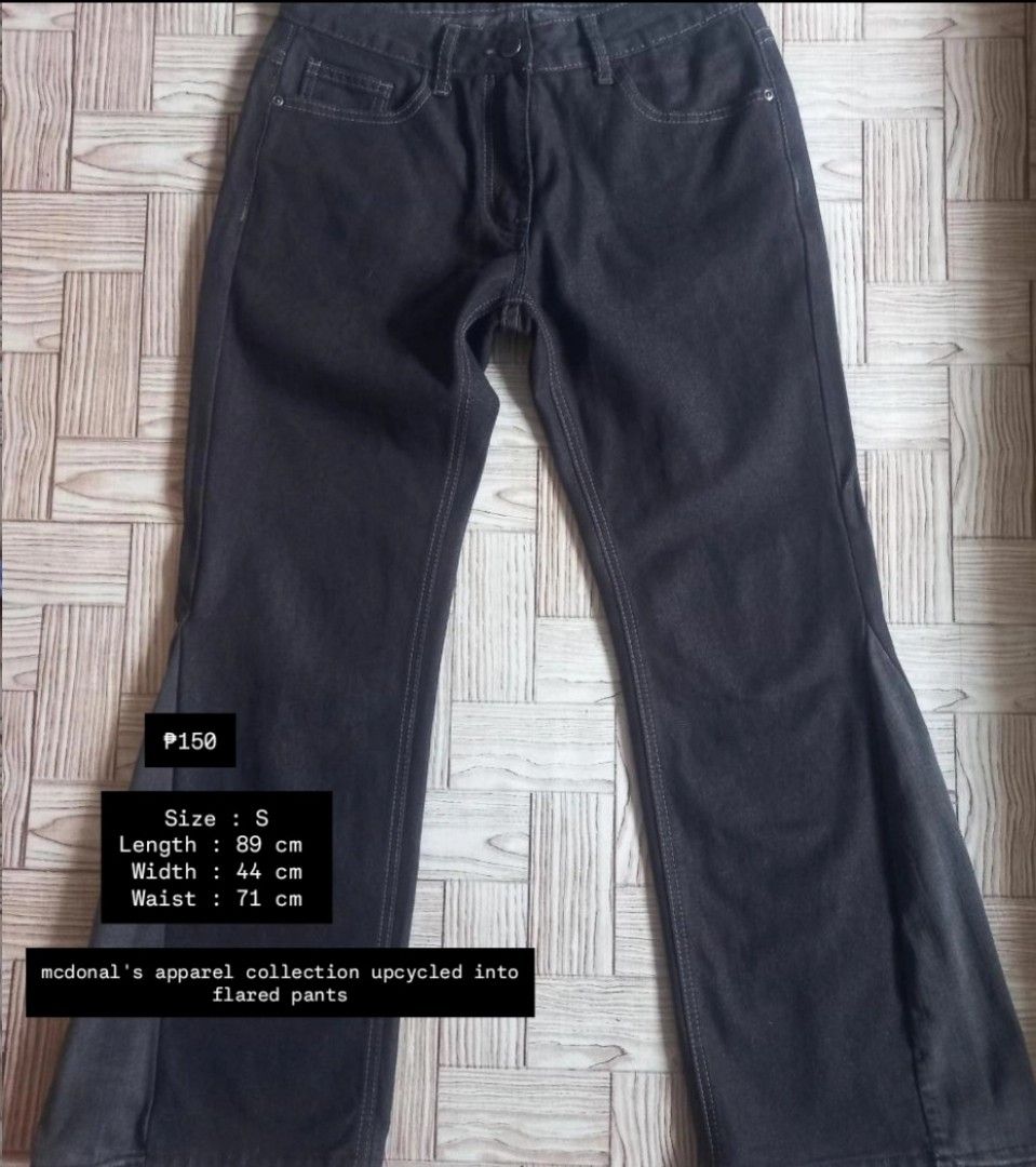 Upcycled McDonald's Apparel Upcycled into Flared Pants - Size S (Category: Jeans) located in Rizal. Submitted by magi_declutters (Listing ID 1457086913, Image 1). Description: - Upcycled McDonald's Apparel Collection Flared Pants - Dark Grey Wash Denim - Size: S - Measurements: Length 89 cm, Width 44 cm, Waist 71 cm - Unique Flared Leg Design - Perfect for a Casual, Stylish Outfit - Kindly check measurements before buying.