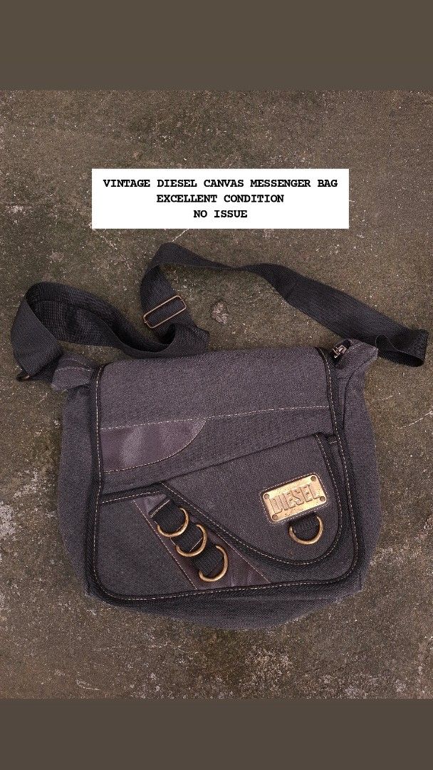 Vintage Diesel Canvas Messenger Bag (Category: Sling Bags) located in Manila. Submitted by bonaobrag55538 (Listing ID 1456981550, Image 1). Description: - Authentic vintage Diesel messenger bag - Durable dark grey canvas material - Ample interior space for your essentials - Comfortable adjustable strap - Perfect for everyday use - Issue: 1 change zipper fuller.