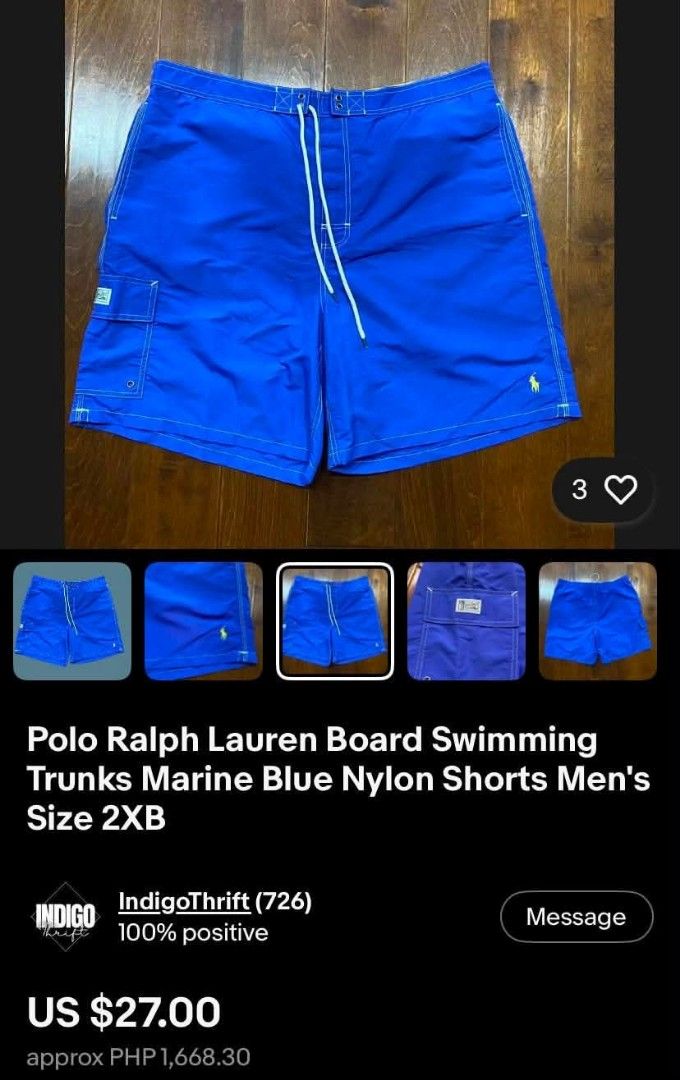 Vintage Ralph Lauren Boardshort (Category: Luxury Apparel) located in Pozorrubio. Submitted by eyannthrift2.0 (Listing ID 1457045840, Image 2). Description: Excellent Condition! Color rate 9.8/10 Issue: cut inner mesh Large on tag waist: 37-39 length: 22 leghole: 13.